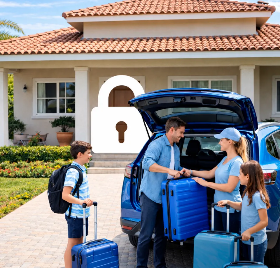 Família colocando as malas no carro em frente de casa para viajar